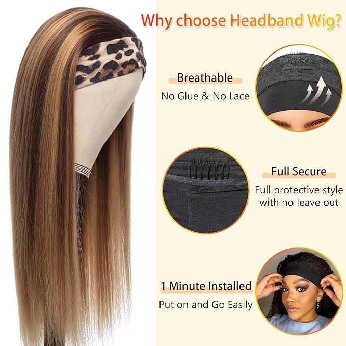 Aiterina Ombre Headband Wig Straight Human Hair Wigs for Black Women 4/27 Highlight Brazilian Virgin Hair Machine Made Headband Wig Glueless Human Hair Wigs 24 Inch