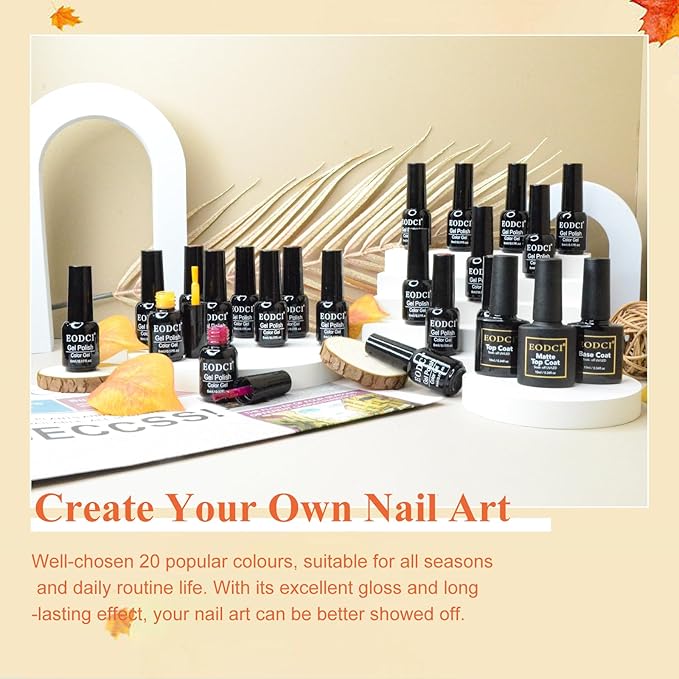 Gel Polish Nail Set 20 Colors with 3Pcs Glossy & Matte Top Coat and Base Coat, Orange Brown Burgundy Green Sparkle Glitters Colorful Gel Polish Set For Mother's Day