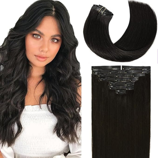 Loxxy Seamless Clip in Hair Extensions Real Human Hair Natural Black #1B 20inch Remy Clip in Human Hair Extensions for Thin Hair Pu Weft Clip on Hair Extensions Natural Hair 150gram 8pcs