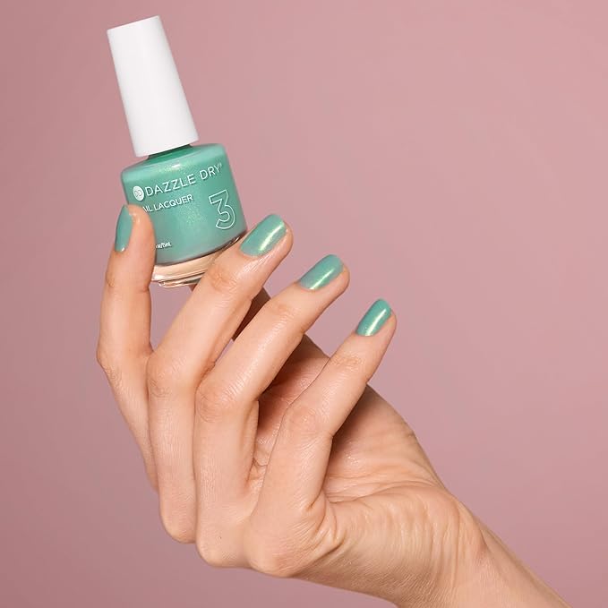 Dazzle Dry Nail Lacquer (Step 3) - In Season - A seafoam green with a subtle gold and green shimmer. Semi-sheer shimmer. (0.5 fl oz)