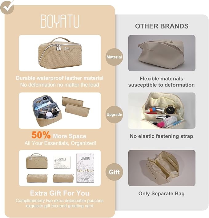 BOYATU Travel Makeup Bags for Women: Large Cosmetic Bag with Compartments - Vegan Leather Make up Bag Set of 3 - Protable Toiletry Organizer (L13 Apricot)