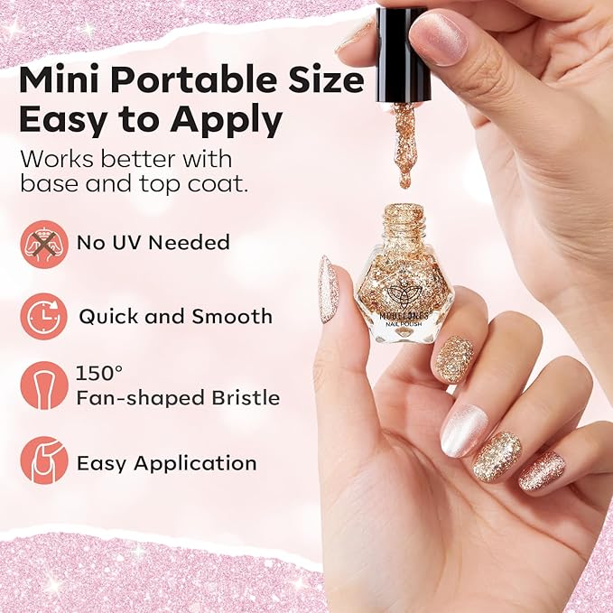 modelones Glitter Nail Polish 6 Colors Holographic Sparkle Glitter Mini Nail Polish Set Flash Diamond Black Silver Gold Quick Dry Manicure Diy Nail Art Salon Gift For Women Girl