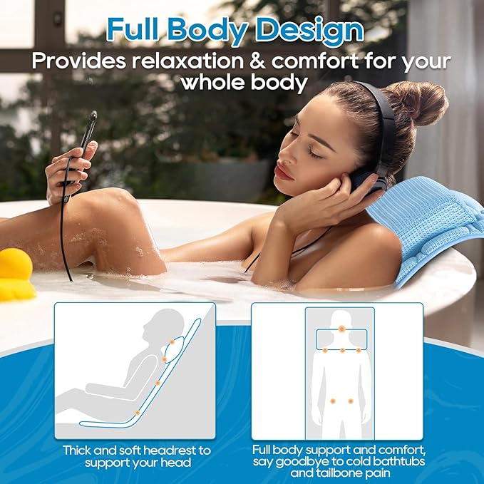 OMYSTYLE Full Body Bath Pillow, Bath Pillows for tub with Mesh Washing Bag & 21 Non-Slip Suction Cups, Spa Bathtub for Head Neck Shoulder and Back Support - 5D Air Mesh & Quick Drying | Blue