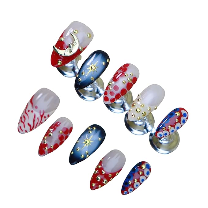Almond Press on Nails Handmade Medium Long/Stiletto 3D Flower Fake Nail with Designs, Women Reusable False Nails (Moon Red, S)