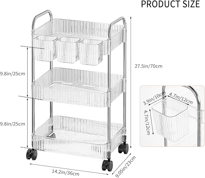 3 Tier Rolling Cart with Hanging Basket, Easy Assembly Acrylic Storage Carts with Lockable Wheels, Utility Cart Storage Organizer Serving for Office, Living Room, Kitchen, Bathroom