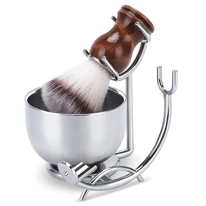 Straight Razor stand With Perfect double layer stainless steel Shaving Soap Bowl and Shaving Brush Natural Solid Wood Handle