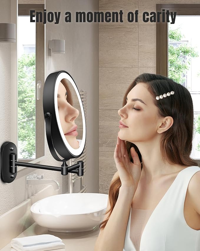 30X/1X Wall Mounted Lighted Makeup Mirror, 8'' Double Sided Rechargeable Magnifying Bathroom Mirror with Light, 3 Color Lights Touch Dimmable Extended Arm 360 Rotation Light up Mirrors