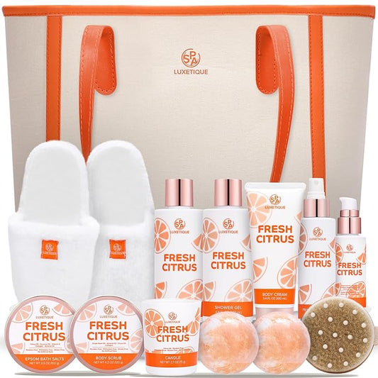 Gifts Baskets for Women Spa Luxetique 12 Pcs Bath Set Basket Luxury Self Care Kit Gift for Her Fresh Citrus Gift Set with Bubble Bath, Bath Bomb, Body Oil, Relaxing Spa Set, Birthday Gifts for Women