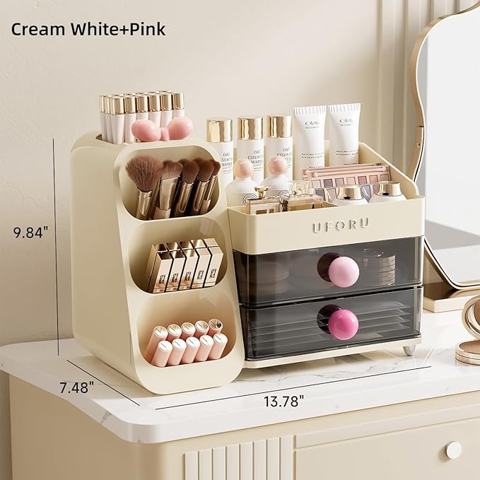 Makeup Organizer for Vanity, Countertop Organizer With Drawers, Spacious Cosmetic Display Case for Beauty Essential, Skincare, Lipstick, Cream White&Pink
