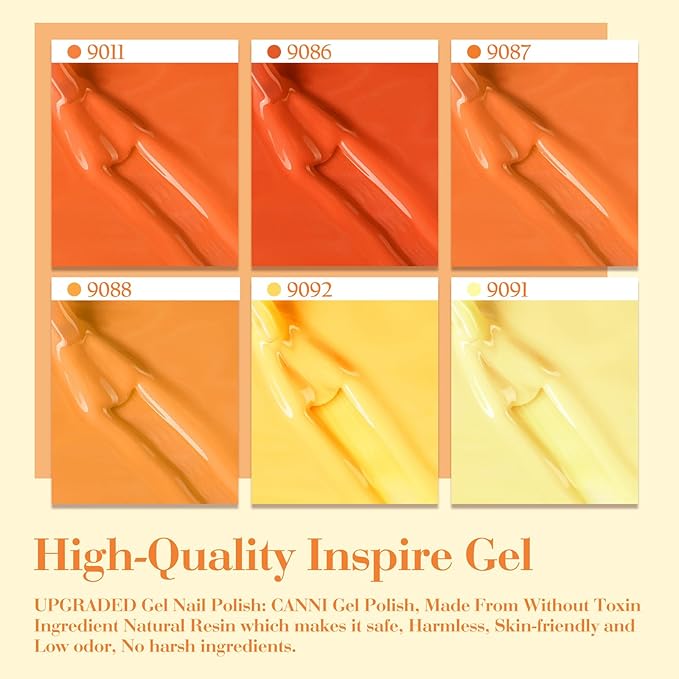 CANNI Orange Gel Polish Set, 6 Colors 9ML Yellow Fire Fall Nail Polish Set, Soak Off UV LED Lamp Art Design Manicure Salon for Women
