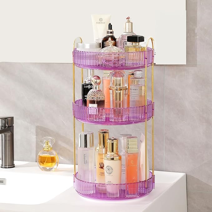 Aveniee Rotating Makeup Organizer for Vanity, Perfume Skincare Organizerss Large, Spinning Bathroom Counter Shelf Holder for Cosmetics, Skin Care, Lipsticks(3 Tiers, Purple)
