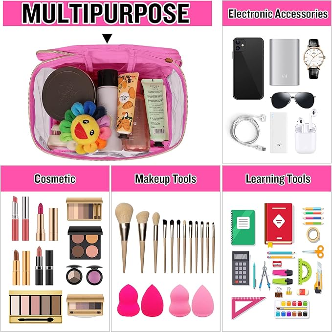 Chenille Letter Clear Makeup Bags Stuff Pouch, Preppy Patch Makeup Bag Zipper with Handle, Transparent PVC & Nylon Waterproof Glitter Cosmetic Handbag Travel Toiletry Storage for Women(STUFF-Rose)