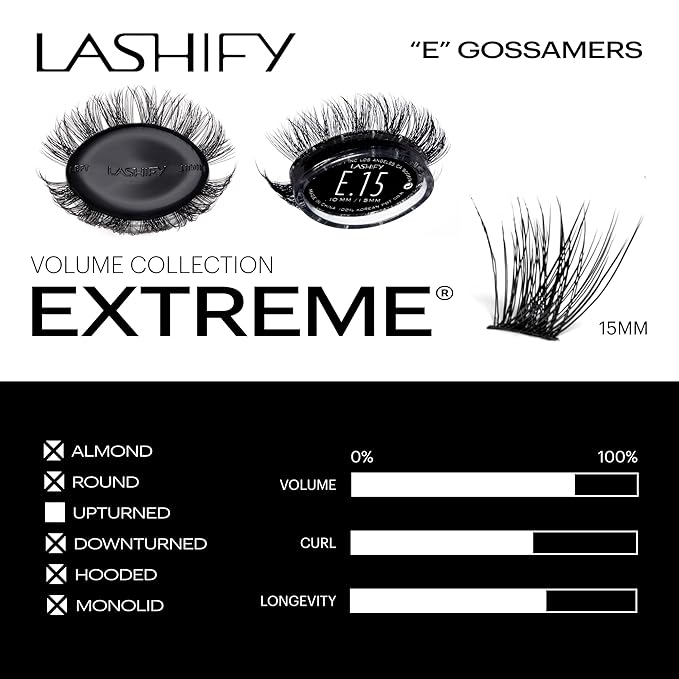 Lashify Extreme 15mm Gossamer DIY Eyelash Extensions Refill, Black, Easy False Lashes To Add Tremendous Volume