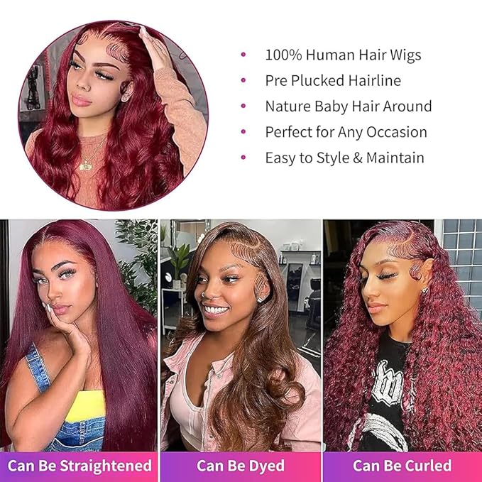 99J Burgundy Lace Front Wigs Human Hair Body Wave 180 Density HD Transparent Lace Frontal Wig for Black Women Glueless Burgundy 13x4 Lace Front Wig Pre Plucked with Baby Hair 24Inch