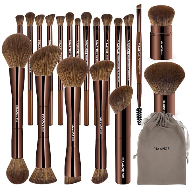 MAANGE 20 PCS Foundation Makeup Brush Set, Double-ended Kabuki Brush Contour for Liquid Powder Concealer Cream Blending Blush Makeup Tools (Brown)