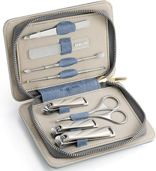 8-Piece Manicure & Pedicure Set - Stainless Steel Nail Clippers, Toenail & Fingernail Cutters with Travel Case, Complete Grooming Kit (Blue)