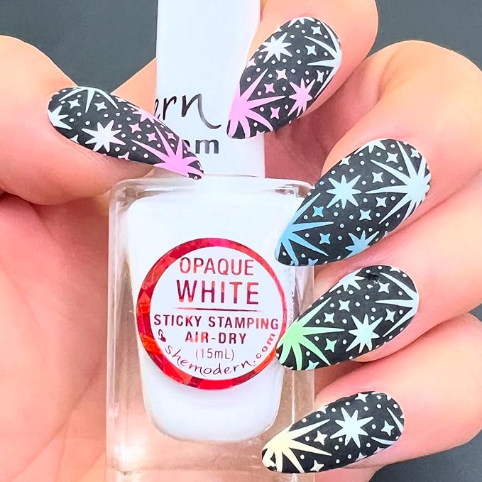 SheModern STICKY WHITE Opaque Stamping Polishes (Set of 3) For Nail Art Design Air Dry Collection. More Transfer Time with Tacky Surface for Easy Adhere of Pigment, Glitter