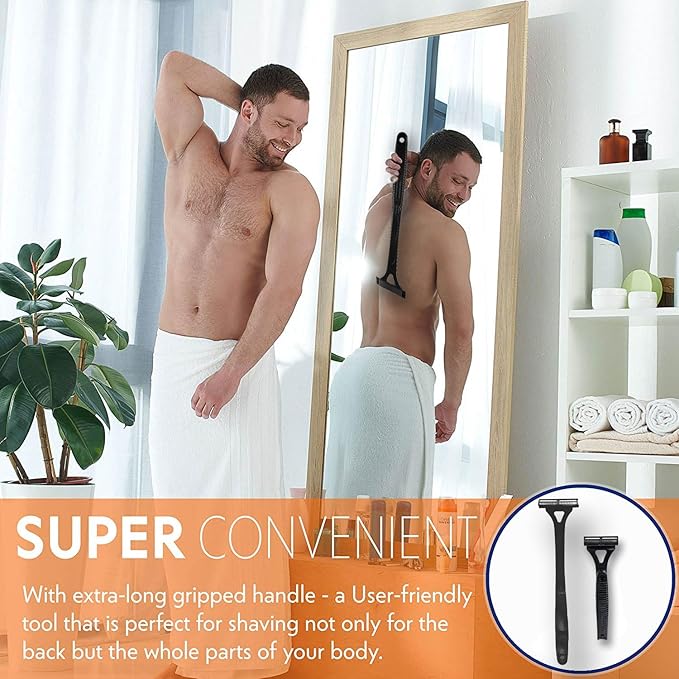 Back Shaver for Men with Foldable Long Handle, Premium Stainless Steel Body & Back Hair Trimmer, Portable Ergonomic Razor Groomer for Men, Replaceable Safety Blades, Wet or Dry Use Smooth Hair Removal