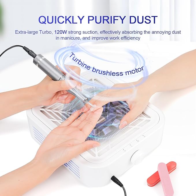 120W Brushless Nail Dust Collector Machine Nail Dust Cleaner with Powerful Suction Extractor Fan for Manicure, Professional Nail Filter for Nail Art, Home Salon Use