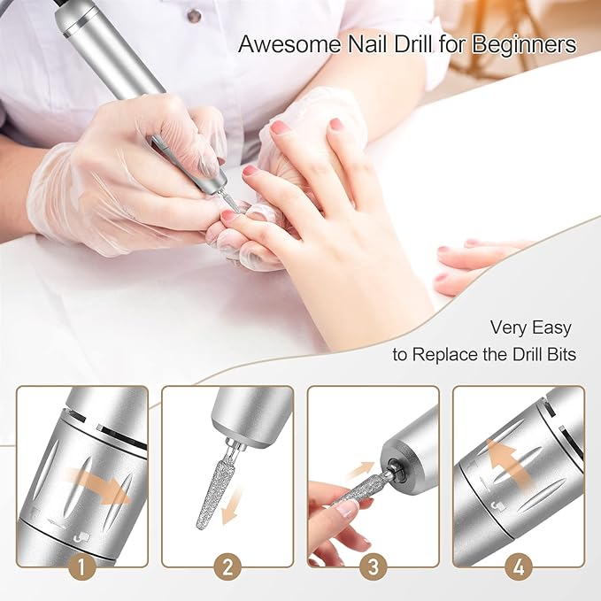 Portable Nail Drill Kit Rechargeable 30000 RPM Electric Nail Machine Professional Cordless E-File Nail Drill Set with 7 Nail Bit, Polishing