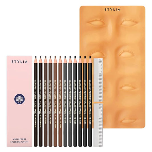 Bundle of Microblading Supplies 12 Piece Waterproof Eyebrow Pencil Set In 5 Colors and 10 Piece Tattoo Practice Skin For Eyebrows: Permanent Makeup Silicone Skin To Practice Brow Micro-Blading