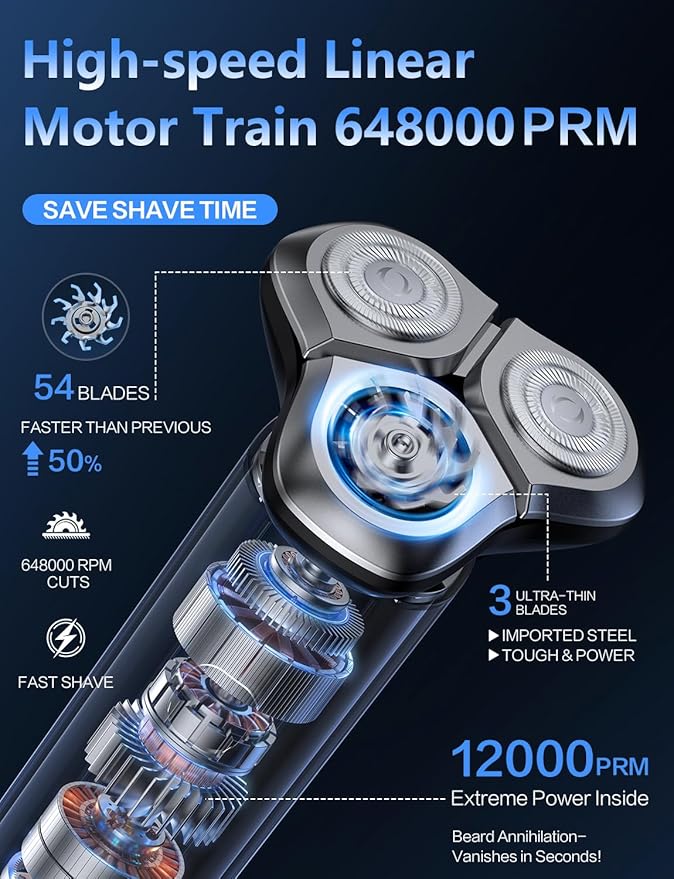 Electric Razor for Men,Men's Electric Shaver,3-Blade Rotary Shaving System,Waterproof Wet Dry Cordless Razor,Touch Switch,Type-C Fast Charging,Travel Lock,Digital Display,90+ Minutes Run Time