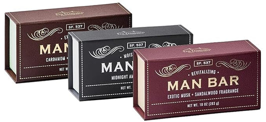 San Francisco Soap Company Man Bar Set of 3 10 oz. Soap Bars (Cardamom+Juniper, Midnight Amber, Exotic Musk + Sandalwood)
