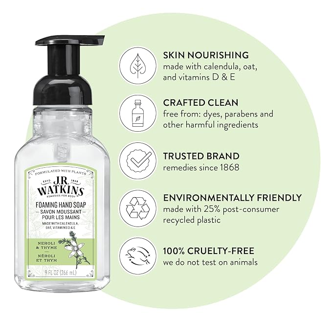 J.R. Watkins Foaming Hand Soap Pump with Dispenser, Moisturizing All Natural Hand Soap Foam, Alcohol-Free, Cruelty-Free, USA Made, Use as Kitchen or Bathroom Soap, Neroli & Thyme, 9 fl oz, 6 Pack