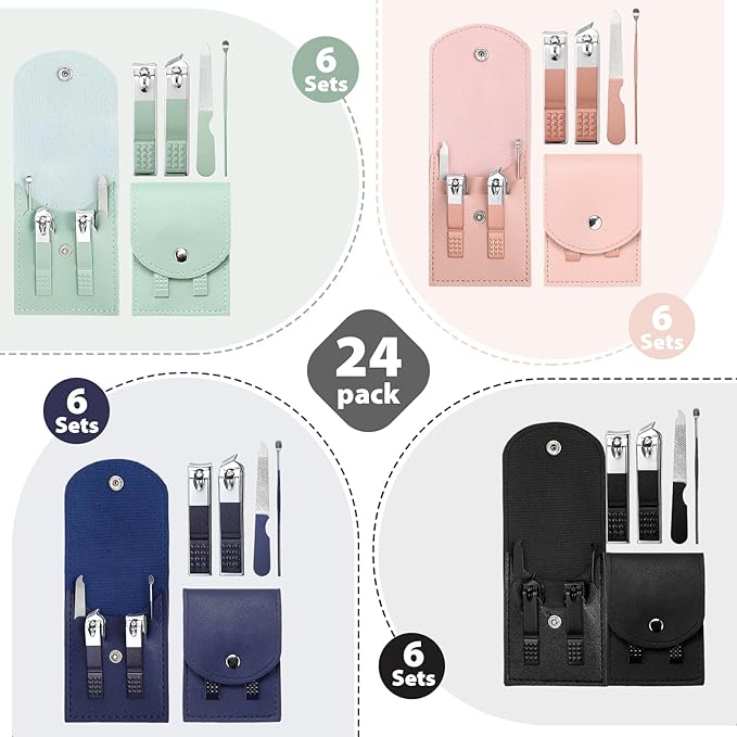 Lasnten 24 Set Manicure Set Bulk Nail Clippers Grooming Nail Kit Stainless Steel Professional Pedicure Kit Pedicure Tools with Travel Case Gifts for Men Women Personal(4 in 1,Fresh Colors)