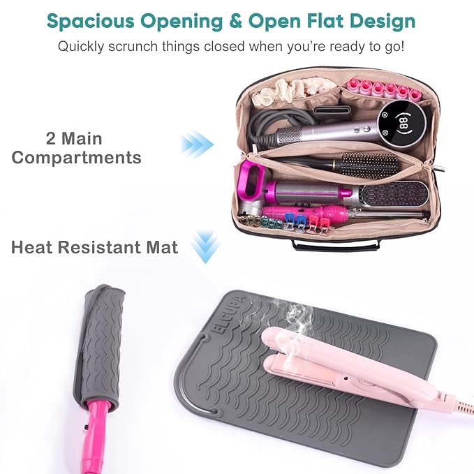 Large Travel Bag - 2in1 Hair Tools Organizer for Dryer Brush, Flat Irons, Straighteners, Curling Irons, Makeup Bag for Travel Essentials