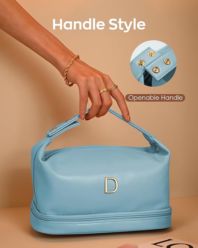 College Gifts for Women, Personalized Makeup Bag with Handle, Initial Double Layer Cosmetic Bag with Makeup Brush Organizer, Teacher Appreciation Gifts for Women, Gifts for Friends Female Mom