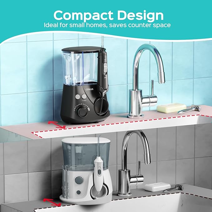 COSLUS Professional Water Flosser for Teeth: 12 Pressure Settings Electric Dental Pick for Orthodontic, Braces, Sensitive Gums - Home Use, 5 Jet Tips for Multiple Users, Family, Black, E2