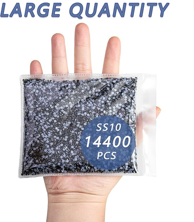 Beadsland Hotfix Rhinestones Bulk, 14400PCS Crystal Hot Fix Rhinestones for Crafts Clothes DIY Decoration, Black, SS10, 2.7-2.9mm