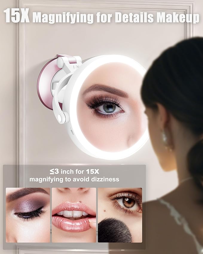 15X/1X Wall Mounted Magnifying Makeup Mirror with Power Suction Cup, Rechargeable Double Sided Regular HD/Magnification 3 Color Modes Adjustable Brightness Mirror with Lights for Bathroom, Travel