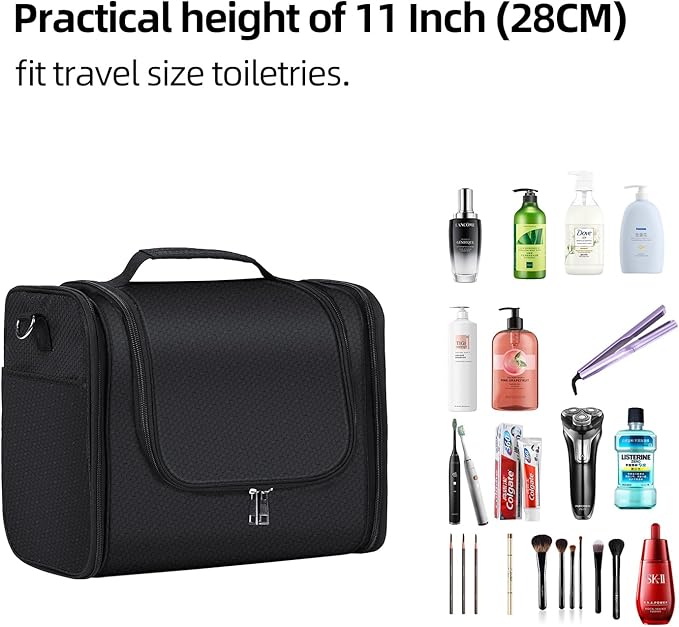 Buruis Extra Large Capacity Toiletry Bag for Women and Men, Hanging Toiletry Organizer Cosmetics Makeup Bag, Water-resistant Dopp Kit for Full Sized Toiletries, Travel Essentials (Black)