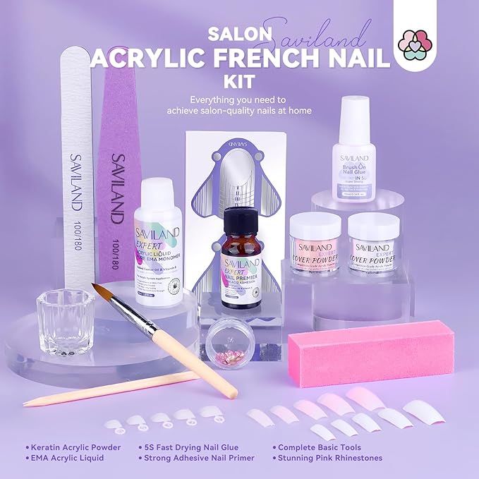 SAVILAND Acrylic Nail Kit: Keratin Acrylic Powder with Castor Oil Vitamin E Nail Primer Nail Glue French Tips Pink Rhinestones Complete Tools Everything for Beginners DIY Home Salon Christmas Gift