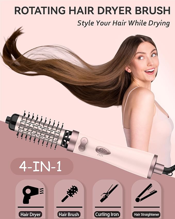 ANWA Rotating Hair Dryer Brush, 4-in-1 Hot Air Styler and Rotating Brush, Rotating Blow Dryer Brush with 2 Detachable Brushes(1.5"& 2"), Pink