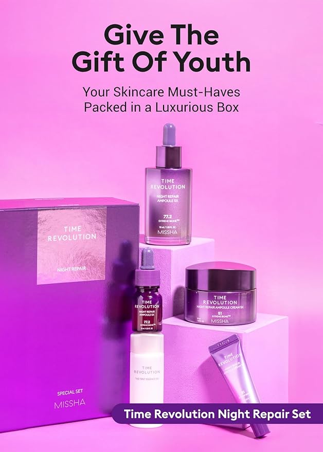 MISSHA Time Revolution Night Repair 5X Gift Set Night Repair Ampoule and Cream 5X, The First Essence 5X for Youthful, Glowing Skin, Mother's Day Gifts