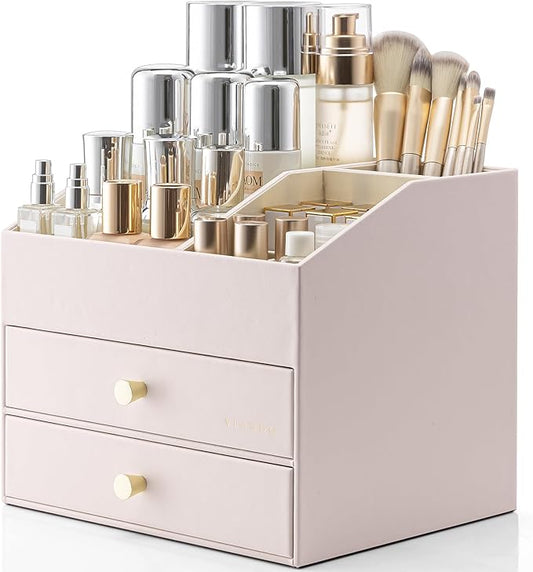 Vlando Makeup Organizer,Skincare Organizer for Vanity，PU Leather Make up Organizer with Drawers Cosmetic Display Case for Countertop,Bathroom,Gifts Ideas for Women (Apricot White)