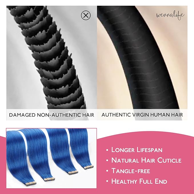 WENNALIFE Tape in Hair Extensions Human Hair Blue Tape in Extensions, 10pcs 30g 26 inch Remy Invisible Tape Ins Straight Colored Soft Real Human Hair Tape in Extensions Refill Set Extensions
