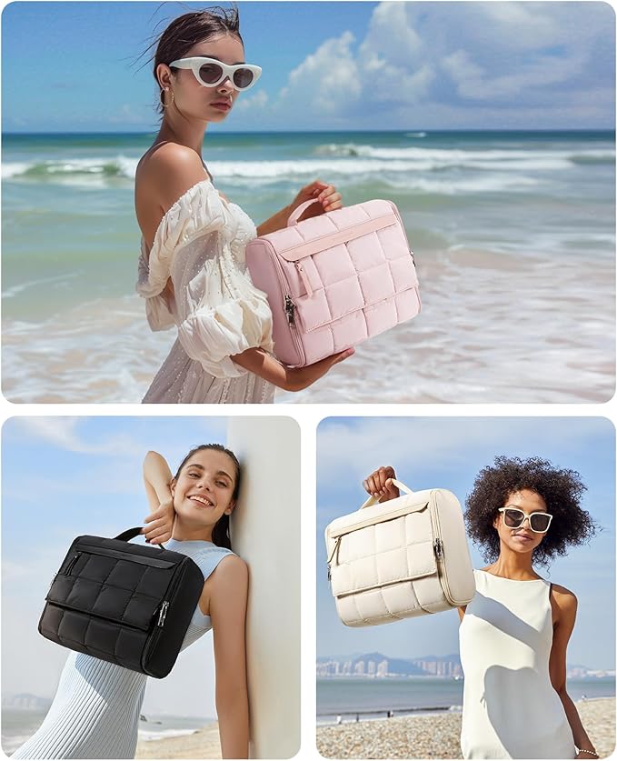 BAGSMART Travel Toiletry Bag, Extra Large Full-open Hanging Toiletry Bag for Women, Puffy Cosmetic Makeup Bag Organizer with Handle for Accessories, Essentials, Toiletries (Beige 13''L)