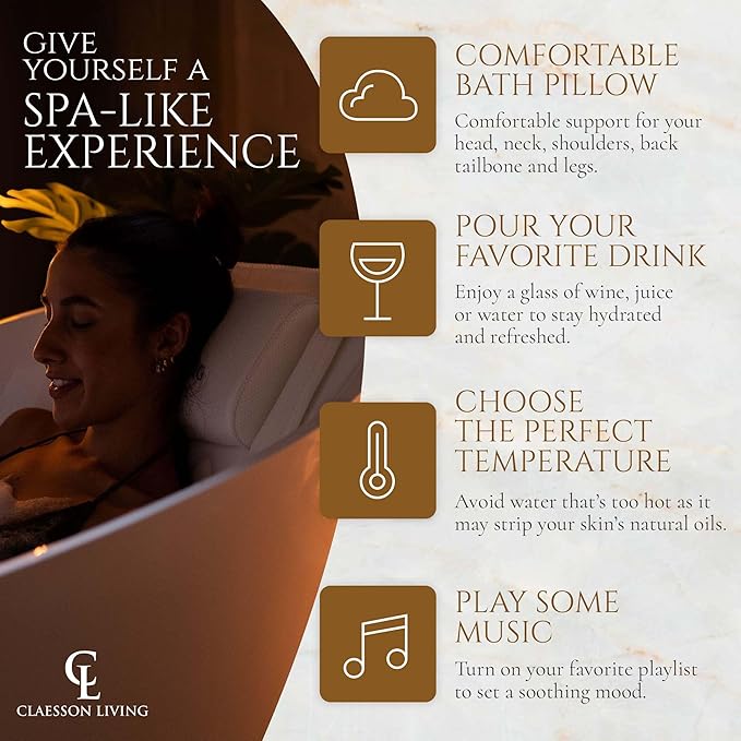 Full Body Bath Pillow (17'' x 49'') - Bathtub Cushion with Headrest Supports Neck, Back and Legs - Free Hanging Hooks for Fast Drying Over Tub - Includes Washing and Travel Bags - White