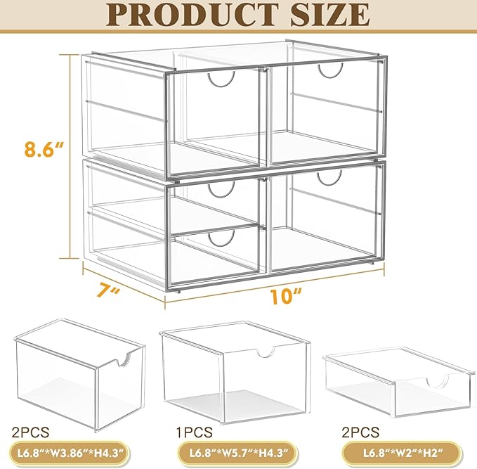 Arcylic Makeup Organzier with 5 Drawers, Clear Stackable Storage Drawers, Bathroom Countert Organizer,Plastic Storage Bins For Vanity, Cabinets, Pantry, Home Organization and Storage