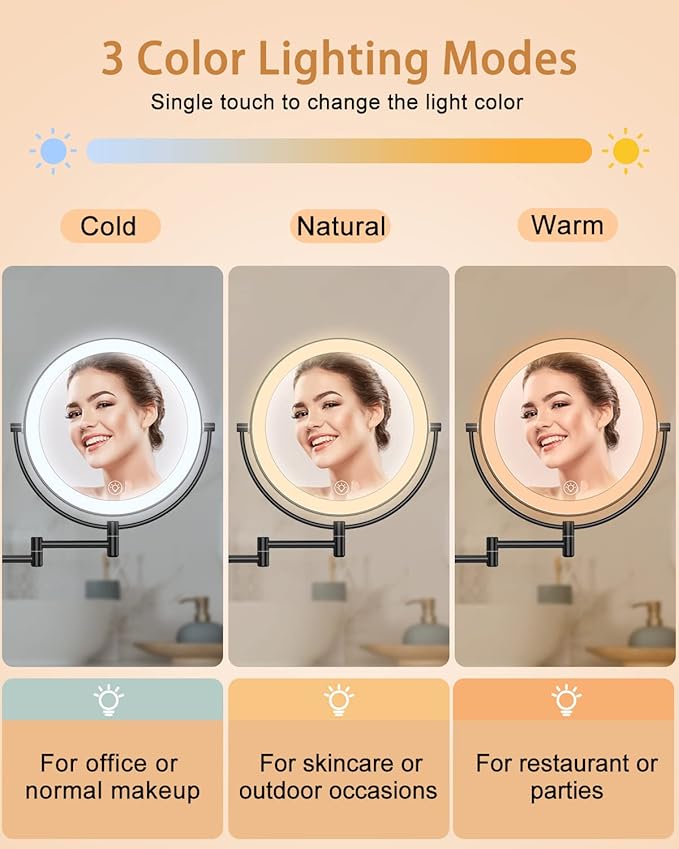 Benbilry 9" Large Wall Mounted Lighted Makeup Mirror, 1X/10X Magnifying Double-Sided AC Powered Bathroom Mirror with 3 Color Lights, Touch Dimmable, Extended Arm 360 Rotation, Black