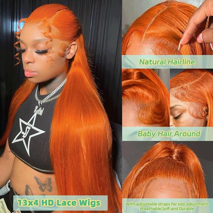 Azkiu Ginger Orange Lace Front Wigs Human Hair Colored Straight Lace Front Wig 13x4 Hd Frontal Wigs Human Hair Pre Plucked With Baby Hair Ginger Wig Lace Front Wigs 150% Density 24Inch
