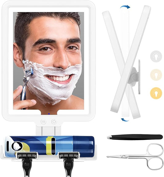 9.2 * 8inch Heated Shower Mirror Fogless for Shaving with Lights, 3 Color Dimmable Lighting Shower Mirror Anti-Fog Shower Shaving Mirror, Wall-Mounted Bathroom Accessories