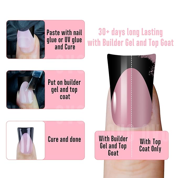 Black French Tip Short Duck Nail Tips Press on, BERRY PINK Pre-designed Soft Gel Nail Extension, Extra thick Full Cover Matte Vrial False Nails for DIY x 12 Sizes 240 pcs