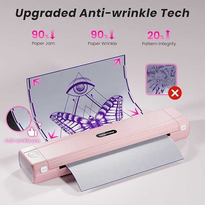 2025 New Version Tattoo Stencil Printer with 10pcs Transfer Paper, Wireless Thermal Tattoo Transfer Printer, Bluetooth Portable Tattoo Machine Compatible with Smartphone & Pad, Pink