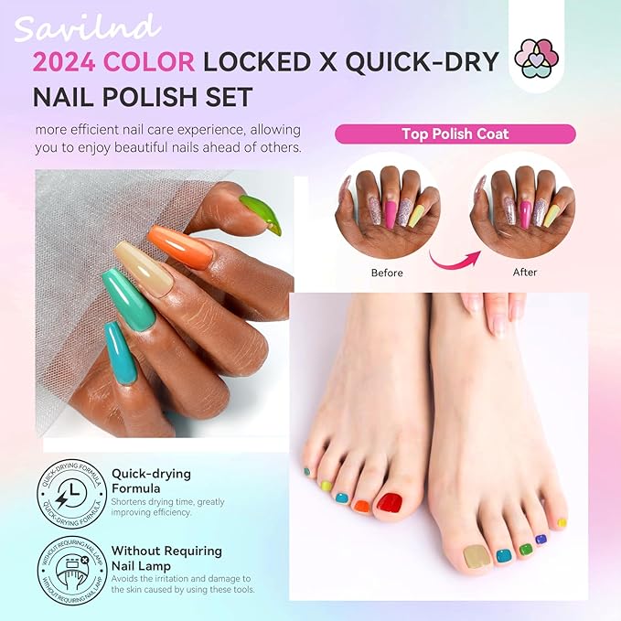 SAVILAND Nail Polish Set Fingernail Air-Dry: 36pcs Rainbow Colors Nail Polish Kit Glitter Regular Toenail Nail Polish with Base Top Polish Coat Nail Lacquer Acrylic Nail Set for Beginner Home DIY