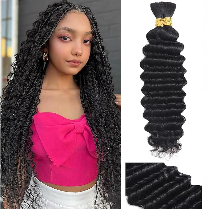 Human Braiding Hair for Boho Braids 100g 18 Inch Deep Wave Bulk Human Hair for Braiding 12A No Weft Curly Human Hair Extensions Wet and Wavy Boho Hair for Braiding 2 Bundles/Pack Natural Color